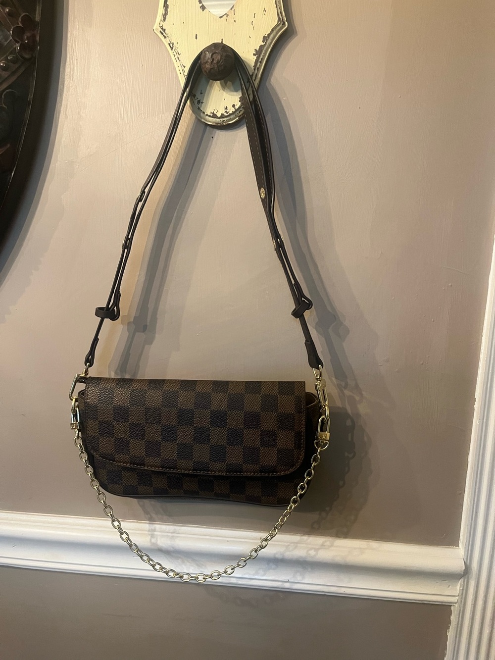 Louis Vuitton style Damier Brown Checkered Shoulder Bag with 2 straps